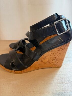 New! Cole Haan Black Leather Strappy Cork Wedge Sandals